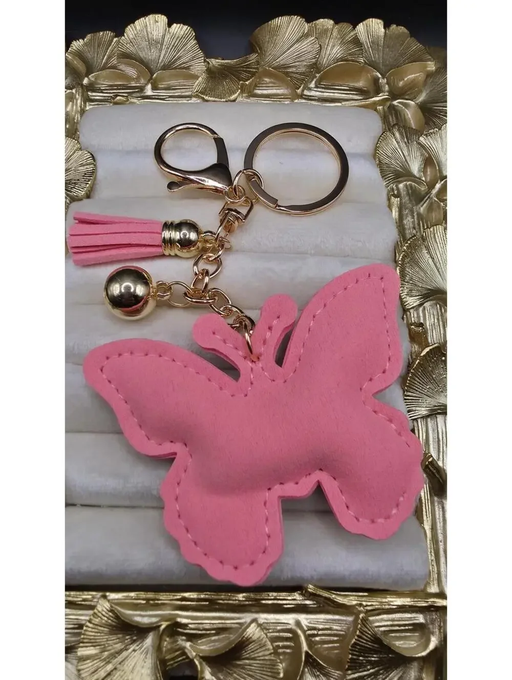 Pink Rhinestone Butterfly Keychain with Tassel - Picture 2 of 4